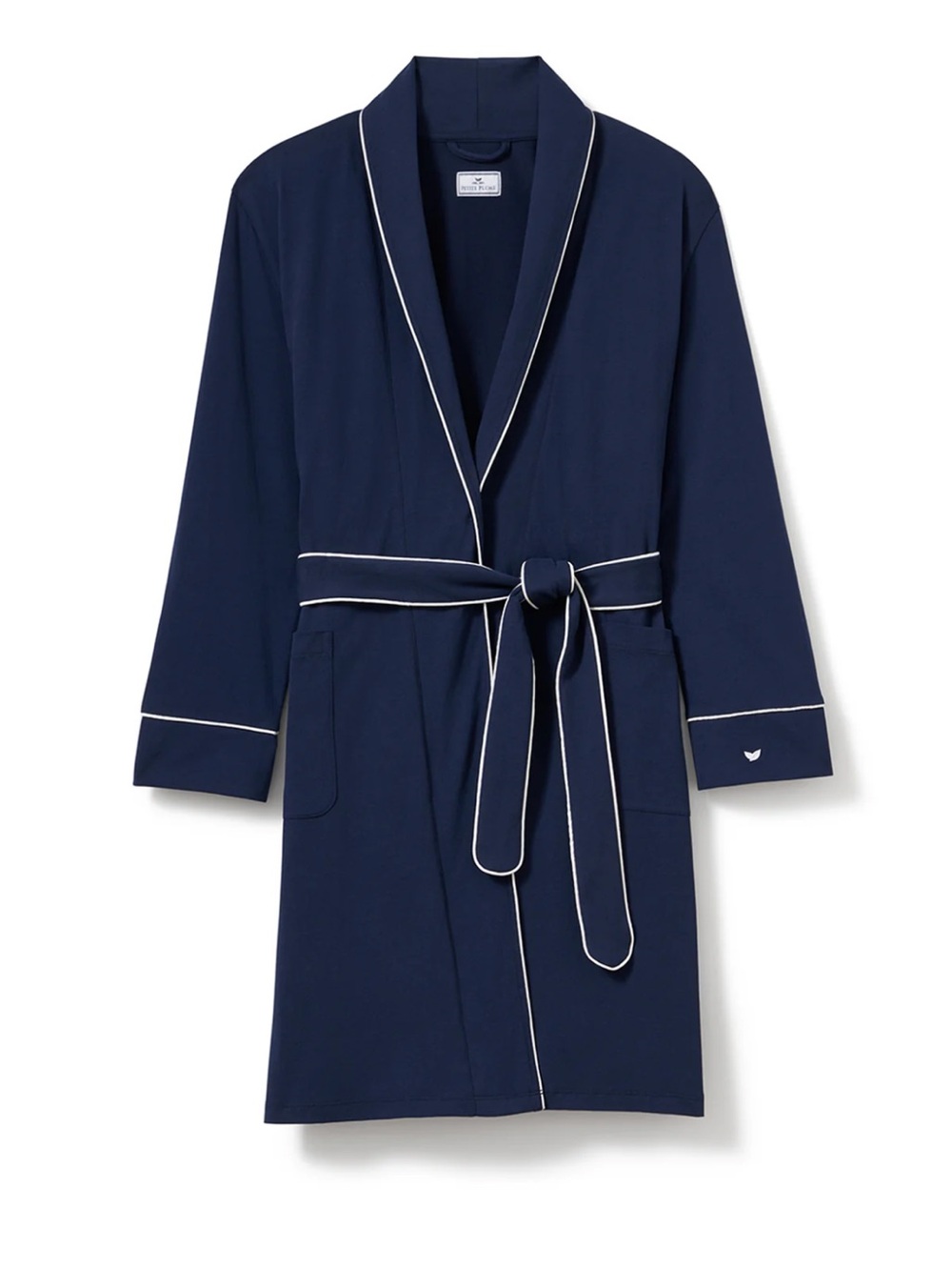 Petite Plume women’s Pima Robe in navy with white piping size M
